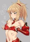  1girl abs blonde_hair blush braid breast_poke breasts cleavage detached_sleeves fate/apocrypha fate_(series) green_eyes mikoyan mordred_(fate) mordred_(fate)_(all) navel poking sweat thought_bubble translation_request underboob 