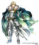  1boy belt blonde_hair blue_eyes boots border_break cape company_name full_body fur_trim gloves green_cape hand_on_hip looking_at_viewer male_focus matsutooooka46t official_art simple_background smile solo standing white_background white_gloves 