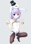  1girl absurdres animal animal_ears animal_on_head ascot black_legwear blue_background blue_eyes blue_hair blue_neckwear blush breasts bunny bunny_ears bunny_on_head cleavage detached_collar eyebrows_visible_through_hair fake_animal_ears full_body gochuumon_wa_usagi_desu_ka? hair_between_eyes hairband highres kafuu_chino leotard long_hair looking_at_viewer on_head open_mouth pantyhose pizzzica shiny shiny_hair simple_background small_breasts solo squatting strapless strapless_leotard tippy_(gochiusa) white_hairband white_leotard wing_collar wrist_cuffs 
