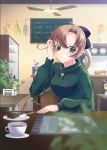  :&lt; adjusting_hair akigumo_(kantai_collection) black_bow black_ribbon blue_flower blurry blurry_foreground blush bow brown_hair cabinet cafe cake ceiling_fan chalkboard chocolate_cake coffee_cup commentary_request cup depth_of_field disposable_cup drink english_text flower food green_eyes green_sweater hand_up holding indoors kantai_collection long_hair long_sleeves matatabi_yosi mole mole_under_eye orange_flower plant plate ponytail purple_flower red_flower ribbon saucer sweater table turtleneck turtleneck_sweater vase yellow_flower 