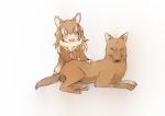  2018 3_toes 5_fingers african_golden_wolf alulu_(kemono_friends) amber_eyes ambiguous_gender animal_humanoid biped black_nose black_sclera blush breasts brown_clothing brown_fur brown_hair brown_pawpads brown_shirt brown_tail brown_topwear canid canid_humanoid canine canine_humanoid canis clothed clothing duo eyebrows fangs female feral frown full-length_portrait fully_clothed fur fur_trim_(clothing) hair hair_highlights hand_on_waist hindpaw humanoid iceeye_ena inner_ear_fluff japanese kemono_friends light_skin long_hair looking_at_viewer lying mammal multicolored_hair on_front open_mouth open_smile pawpads paws portrait quadruped sailor_suit shadow shirt simple_background sitting smile snout tan_skin toes topwear two_tone_hair white_background white_hair white_highlights 