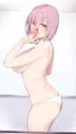  1girl ass blush breasts butt_crack cellphone commentary_request cowboy_shot enosan eyebrows_visible_through_hair fate/grand_order fate_(series) from_side hair_over_one_eye highres indoors large_breasts looking_at_viewer mash_kyrielight panties phone pink_eyes pink_hair reflection self_shot short_hair smartphone solo sweatdrop topless underwear underwear_only white_panties 