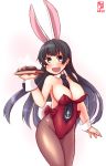  1girl agano_(kantai_collection) alternate_costume anchor_symbol animal_ears artist_logo bare_shoulders between_breasts black_hair black_neckwear blue_eyes blush bow bowtie breasts brown_legwear bunny_ears bunny_tail bunnysuit cameltoe covered_navel cowboy_shot dated detached_collar food french_fries gradient gradient_background hamburger_steak highres holding kanon_(kurogane_knights) kantai_collection large_breasts leotard long_hair looking_at_viewer necktie open_mouth pantyhose plate red_leotard signature simple_background solo standing strapless strapless_leotard tail tray white_background wrist_cuffs 