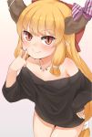  1girl bare_shoulders beige_background black_shirt blonde_hair bottomless bow breasts brown_horns commentary_request covered_nipples cowboy_shot hair_bow highres horn_ribbon horns ibuki_suika inward_v jewelry long_hair looking_at_viewer low-tied_long_hair nail_polish necklace nishiuri off_shoulder orange_eyes pointy_ears red_bow ribbon shirt slit_pupils smile solo thigh_gap touhou 