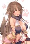  2019 ;3 animal_humanoid anime blush breasts brown_fur brown_hair canid canid_humanoid canine canine_humanoid clothed clothing cute_fangs female fluffy fluffy_tail fur hair hi_res humanoid kaori_kyan long_hair mammal navel one_eye_closed open_mouth pattern_background princess_connect!_re:dive red_eyes simple_background solo video_games wink yaman 