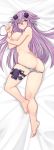  1girl absurdres adult_neptune ass blush breasts commentary_request d-pad d-pad_hair_ornament dura full_body hair_ornament highres holster long_hair looking_at_viewer lying medium_breasts neptune_(series) nipples on_side panties panty_pull purple_eyes purple_hair shin_jigen_game_neptune_vii smile solo striped striped_panties thigh_strap topless underwear very_long_hair 
