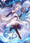 1girl :d bangs bare_shoulders blue_eyes blue_flower blue_hair blue_rose blush brown_legwear brown_sleeves commentary_request crystal detached_sleeves dress eyebrows_visible_through_hair flower full_body granblue_fantasy hair_flower hair_ornament highres holding holding_staff ice lily_(granblue_fantasy) long_sleeves looking_at_viewer looking_back no_shoes open_mouth pointy_ears rose sakura_ani sleeves_past_wrists smile snowflakes soles solo staff thighhighs tiara toeless_legwear tower white_dress window 