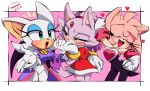  2019 3girls amy_rose amy_rose_(cosplay) animal_ears arm_up bat_ears bat_wings blaze_the_cat blaze_the_cat_(cosplay) blush bracelet breasts cat_ears cat_tail closed_eyes coattails commentary cosplay costume_switch detached_sleeves dress english_commentary eyelashes forehead_jewel gloves green_eyes hand_on_hip heart highres jewelry medium_breasts multiple_girls outside_border pants pink_hair pose purple_hair red_dress rouge_the_bat rouge_the_bat_(cosplay) small_breasts snout sonic_the_hedgehog sonicaimblu19 tail white_gloves white_hair wings yellow_eyes 