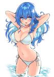  1girl :d armpits arms_behind_head arms_up ass_visible_through_thighs backlighting bangs bare_arms bare_shoulders bikini blue_bikini blue_eyes blue_hair blush breasts cleavage collarbone commentary_request cu-no eyebrows_visible_through_hair hair_between_eyes hands_in_hair hisenkaede kohitsuji_ai large_breasts long_hair looking_at_viewer navel open_mouth side-tie_bikini sidelocks sketch smile solo standing string_bikini swimsuit very_long_hair wading water wavy_hair wet wet_hair white_background white_bikini white_swimsuit 