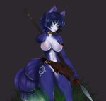  anthro areola barely_visible_genitalia barely_visible_pussy black_nose blue_fur blue_hair brown_clothing canid canine choker clothed clothing collarbone ear_piercing ear_ring ear_tuft female fox front_view fur grass grey_background hair hand_behind_head krystal kuja legend_of_krystal loincloth looking_down mammal melee_weapon navel nintendo nipples piercing pink_areola pink_nipples polearm pussy simple_background solo spear standing star_fox topless tuft video_games weapon wet white_fur 