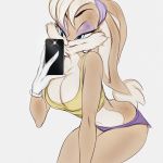  1:1 anthro blue_eyes bottomwear breasts brown_fur cellphone cheek_tuft cherry-gig cleavage clothed clothing collarbone female front_view fur lagomorph leporid lola_bunny looney_tunes mammal navel phone purple_bottomwear purple_clothing rabbit simple_background solo tan_fur three-quarter_view topwear tuft warner_brothers white_background yellow_clothing yellow_topwear 
