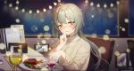  1girl alternate_costume blush chair commentary_request cup dish drinking_glass food girls_frontline grey_hair hair_between_eyes hs2000_(girls_frontline) long_hair picture_frame pointing ponytail signature smile solo_focus sparkle steak sweater table window wine_glass yellow_eyes yuza-lattee 
