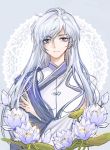  1boy blue_eyes cardcaptor_sakura chinese_clothes crossed_arms earrings flower grey_background jewelry long_hair looking_at_viewer lotus male_focus raised_eyebrow rela_xixuegui silver_hair solo toga upper_body very_long_hair white_hair yue_(ccs) 
