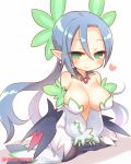  1girl bangs bare_shoulders blue_hair blush breasts cleavage closed_mouth copyright_request detached_sleeves disgaea dress earrings eyebrows_visible_through_hair green_eyes grey_background hair_between_eyes heart jewelry large_breasts long_hair long_sleeves makai_senki_disgaea_5 marshmallow_mille parted_bangs pointy_ears puffy_long_sleeves puffy_sleeves sage_(disgaea) shadow sidelocks sleeves_past_wrists smile solo strapless strapless_dress twitter_username very_long_hair white_dress white_sleeves 