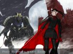  1girl armor artist_name black_cape black_gloves black_hair black_legwear black_shirt boots breasts cape copyright_name fortress furumi_shouichi gloves grey_sky halo holding holding_sword holding_weapon keivan long_hair long_sleeves mecha myufrae outdoors pale_skin pixiv_fantasia pixiv_fantasia_last_saga pointy_ears red_cape red_eyes red_gloves shirt small_breasts snowing standing sword thigh_boots thighhighs twintails watermark weapon web_address 