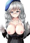  1girl bangs beret black_jacket blue_bra blue_eyes blue_headwear blush bow bow_bra bra bra_pull braid breasts breasts_outside closed_mouth collarbone collared_shirt commentary_request eyebrows_visible_through_hair girls_frontline glasses gloves grey_skirt hair_between_eyes hair_ornament hairclip hat highres holding jacket large_breasts long_hair long_sleeves looking_at_viewer low_twintails nipples open_clothes open_shirt pleated_skirt round_eyewear seele_(girls_frontline) shirt silver_hair simple_background skirt solo take_(trude1945oneetyan) twin_braids twintails underwear white_background white_gloves white_shirt 