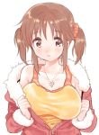  1girl :o amezawa_koma blush breasts brown_eyes brown_hair coat commentary_request eyebrows_visible_through_hair fur-trimmed_coat fur_trim hair_ornament hair_scrunchie heart heart_necklace idolmaster idolmaster_cinderella_girls jacket_pull large_breasts orange_scrunchie parted_lips pulled_by_self red_coat scrunchie shirt short_twintails simple_background solo tank_top totoki_airi twintails white_background yellow_shirt zipper 