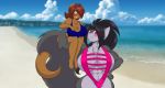  2018 5_fingers abs anthro belly big_breasts bikini biped blush breasts brown_fur clothing couple_(disambiguation) digital_media_(artwork) elexis eyelashes female front_view fur green_eyes grey_fur huge_breasts huge_hips mammal mastergodai mrsamp muscular muscular_female mustela mustelid musteline nintendo pok&eacute;mon shazetta swimwear video_games wide_hips 