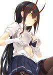  1girl azur_lane black_hair black_legwear blue_bra blue_skirt bra breast_hold breasts cleavage collared_shirt cowboy_shot eyebrows_visible_through_hair gloves hair_between_eyes hair_ornament hands_on_own_chest horn_ornament kurenai_musume lace lace-trimmed_bra long_hair looking_down medium_breasts midriff miniskirt navel open_clothes open_shirt pantyhose parted_lips pleated_skirt shirt short_sleeves simple_background skirt solo straight_hair suzuya_(azur_lane) unbuttoned unbuttoned_shirt underwear white_background white_gloves white_shirt yellow_eyes 