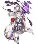  1girl asymmetrical_bangs bangs bare_shoulders blood bloody_clothes boots breasts crystal elbow_gloves expressionless eyebrows_visible_through_hair floral_print flower full_body garter_straps gloves grey_eyes habit ji_no looking_at_viewer medium_breasts midriff official_art rose sinoalice skirt smoke snow_white_(sinoalice) staff thigh_boots thighhighs torn_clothes transparent_background waist_cape white_hair 