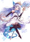  1girl :d bangs bare_shoulders blue_eyes blue_flower blue_hair blue_rose blush brown_legwear brown_sleeves crystal detached_sleeves dress eyebrows_visible_through_hair flower full_body granblue_fantasy hair_flower hair_ornament highres holding holding_staff lily_(granblue_fantasy) long_sleeves looking_at_viewer looking_back no_shoes open_mouth pointy_ears rose sakura_ani simple_background sleeves_past_wrists smile snowflakes soles solo staff thighhighs tiara toeless_legwear white_background white_dress 