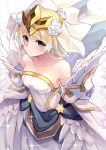  1girl bare_shoulders blonde_hair blue_eyes blue_hair blush breasts bridal_veil bride bride_(fire_emblem) closed_mouth collarbone commentary_request crown dress earrings eyebrows_visible_through_hair fire_emblem fire_emblem_heroes fjorm_(fire_emblem_heroes) flower gradient_hair hair_between_eyes hair_flower hair_ornament highres jewelry looking_at_viewer medium_breasts multicolored_hair nakabayashi_zun short_hair smile solo veil wedding_dress white_dress white_flower 