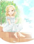  1girl ;d alternate_hairstyle anima_yell! bare_shoulders barefoot blue_sky bow casual character_name cloud cloudy_sky collarbone commentary_request dated day dress eyebrows_visible_through_hair food frilled_dress frills fruit hair_bow happy_birthday highres lemon long_hair looking_at_viewer one_eye_closed open_mouth outdoors sawatari_uki signature sitting sitting_on_stairs sky sleeveless sleeveless_dress smile solo stairs sundress tree unohana_tsukasa v white_dress yellow_eyes 