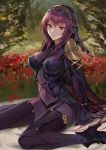  1girl absurdres bodysuit breasts fate/grand_order fate_(series) flower highres ioliteplanet large_breasts long_hair looking_at_viewer purple_hair red_eyes scathach_(fate)_(all) scathach_(fate/grand_order) sitting spider_lily tree veil wariza 
