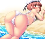  1girl all_fours ass back bangs bare_shoulders beach bikini blush breasts brown_eyes brown_hair cameltoe closed_mouth commentary_request day enemy_naval_mine_(kantai_collection) eyebrows_visible_through_hair from_behind hase_yu hat kantai_collection looking_at_viewer looking_back outdoors sailor_hat sand shiny shiny_hair shiny_skin short_hair side-tie_bikini small_breasts swimsuit water white_bikini z3_max_schultz_(kantai_collection) 