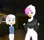  2019 anatid anseriform anthro avian bird bottomless breasts clothed clothing clothing_lift duck duo hair_bow hair_ribbon hands_behind_back inside lena_(ducktales) looking_at_viewer navel nipple_outline non-mammal_breasts open_mouth open_smile pussy ribbons shirt shirt_lift small_breasts smile t-hammer topwear webby_vanderquack 