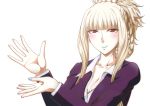  1girl aoki_hagane_no_arpeggio bangs blonde_hair blue_lipstick blue_nails blunt_bangs bra braid breasts business_suit cleavage formal hair_up hands_up jacket kaname_aomame kongou_(aoki_hagane_no_arpeggio) lipstick long_hair looking_at_viewer makeup nail_polish open_clothes open_shirt red_eyes smile solo suit underwear upper_body 