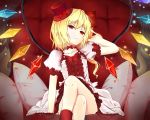  1girl absurdres artist_request blonde_hair bow collarbone crossed_legs dress eyebrows_visible_through_hair flandre_scarlet hair_between_eyes hair_bow hand_in_hair hat hat_bow highres looking_at_viewer pillow red_eyes short_hair sitting_on_chair solo top_hat touhou wings 