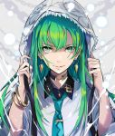  1other black_neckwear blue_neckwear bracelet choker closed_mouth contemporary earrings enkidu_(fate/strange_fake) expressionless fate/grand_order fate/strange_fake fate_(series) green_eyes green_hair hood jewelry long_hair looking_at_viewer multicolored multicolored_eyes necktie pokimari shirt solo white_background white_hood white_shirt yellow_eyes 