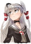  1girl amatsukaze_(kantai_collection) black_choker brown_dress brown_eyes choker commentary_request dress hair_tubes hat highres kantai_collection long_hair looking_back mini_hat neckerchief sailor_collar sailor_dress silver_hair simple_background solo two_side_up upper_body v_r_dragon01 white_background white_neckwear white_sailor_collar windsock 