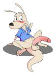  absurd_res anthro balls blush bottomless clothed clothing emenius erection foreskin fur hi_res long_penis looking_at_viewer macropod male mammal marsupial navel nervous nickelodeon penis rocko&#039;s_modern_life rocko_rama shirt simple_background sitting solo spreading topwear wallaby 