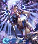  1girl alternate_hair_color atlantic_mercy blue_eyes boobplate breastplate breasts cherry_blossoms crescent_moon earrings highres jewelry large_breasts lavender_hair leotard liang_xing mechanical_wings mercy_(overwatch) moon overwatch staff tagme wings 