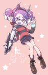  1girl amezawa_koma ankle_boots bangs black_shorts boots brown_footwear commentary cross-laced_footwear demon_horns domino_mask dutch_angle fake_horns fangs full_body head_tilt holding holding_weapon horns inkling jellyfish logo long_sleeves mask pink_background pointy_ears purple_eyes purple_hair purple_tongue red_sweater short_shorts short_twintails shorts sidelocks smile solo splatoon_(series) splatoon_2 splattershot_pro_(splatoon) standing star starry_background striped striped_sweater sweater tentacle_hair twintails weapon 