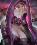  1girl bare_shoulders black_dress breasts chain cleavage collar collarbone covering_one_eye detached_sleeves dress facial_mark fate/stay_night fate_(series) forehead_mark glowing glowing_eyes large_breasts lips long_hair parted_lips pink_eyes purple_hair rider solo visqi 