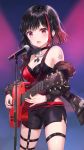  1girl :o absurdres bang_dream! bare_shoulders black_choker black_jacket black_shorts blush breasts chain choker cleavage collarbone commentary_request cowboy_shot electric_guitar guitar highres instrument jacket light_particles long_sleeves looking_at_viewer medium_breasts microphone microphone_stand mitake_ran multicolored_hair music off_shoulder open_clothes open_jacket open_mouth playing_instrument plectrum purple_eyes red_hair short_hair short_shorts shorts sidelocks solo standing strapless streaked_hair sweatdrop thigh_strap thighs tokkyu_(user_mwwe3558) v-shaped_eyebrows 
