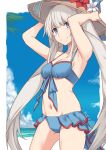  1girl bangs bikini blue_bikini blue_eyes closed_mouth cowboy_shot eyebrows_visible_through_hair fate/grand_order fate_(series) flower hands_on_headwear hat hat_flower long_hair looking_at_viewer marie_antoinette_(fate/grand_order) marie_antoinette_(swimsuit_caster)_(fate) navel shiseki_hirame silver_hair solo sun_hat swimsuit twintails very_long_hair 