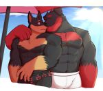  2019 abs absurd_res anthro biceps canid canine canis clothed clothing digital_media_(artwork) domestic_dog fur hi_res kororoman male mammal muscular muscular_male pecs sky summer swimwear 