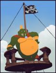  2019 alex_henderson animated anthro banana belly belly_bounce big_belly cape clothing cloud crocodile crocodilian crocodylid crown detailed_background donkey_kong_(series) eating fangs flag food fruit king_k._rool kremling leaning male nintendo outside overweight overweight_male plant reptile scalie ship smile solo standing vehicle video_games 