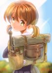  1girl backpack bag bedroll blurry blurry_background blush brown_hair commentary entrenching_tool imperial_japanese_army looking_at_viewer looking_back m_tap military original pot school_uniform solo translated twintails yellow_eyes 