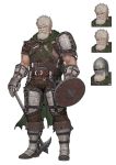 1boy angry armored_boots beard belt blonde_hair boots buckler cape character_sheet closed_eyes commentary_request facial_hair full_body gauntlets gloves hand_on_hilt helmet highres jewelry jun_(seojh1029) looking_at_viewer muscle necklace original raised_eyebrow shield short_sleeves shoulder_armor solo torn_cape torn_clothes war_hammer weapon white_background 