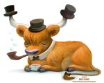  beverage bovid bovine bow_tie brown_fur brown_hair bubble bubble_pipe cattle clothing collar cryptid-creations cup eyes_closed feral fur hair hat headgear headwear horn humor male mammal pipe pun simple_background solo tan_fur tea tea_cup top_hat visual_pun white_background 