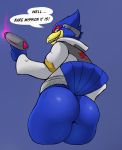  2019 anthro avian butt clothing english_text falco_lombardi gun hi_res jacket looking_back male nintendo ranged_weapon rear_view simple_background sizable_danger smile solo star_fox text topwear video_games weapon 