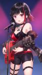  1girl :o absurdres bang_dream! bare_shoulders black_choker black_jacket black_shorts blush breasts chain choker cleavage collarbone cowboy_shot electric_guitar guitar highres instrument jacket light_particles long_sleeves looking_at_viewer medium_breasts microphone microphone_stand mitake_ran multicolored_hair music off_shoulder open_clothes open_jacket open_mouth playing_instrument plectrum purple_eyes red_hair short_hair short_shorts shorts sidelocks solo standing strapless streaked_hair sweatdrop thigh_strap thighs tokkyu_(user_mwwe3558) v-shaped_eyebrows 