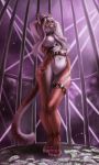  2019 4_fingers 5_fingers anthro areola aurru breasts cage chain collar digital_media_(artwork) felid feline female green_eyes hair hands_above_head hi_res looking_at_viewer mammal money mostly_nude nipples pussy smile solo standing stripper tyskha white_hair 