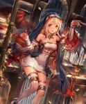  1girl artist_request bare_shoulders blonde_hair book boots candle candlestand choker church cross cygames demon_girl demon_horns demon_tail demon_wings detached_sleeves dress eyebrows_visible_through_hair fangs frills habit horns long_hair looking_at_viewer marcotte_heretical_sister official_art plant red_eyes rosary shadowverse tail thigh_boots thighhighs vines wings 