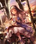  1girl ankle_boots artist_request bird book boots brown_hair candle candlestand church cross cross-laced_clothes cygames eyebrows_visible_through_hair frills habit hands_together long_hair looking_at_viewer marcotte_heretical_sister nun official_art open_mouth plant reading red_eyes rosary shadowverse sitting smile stairs vines 